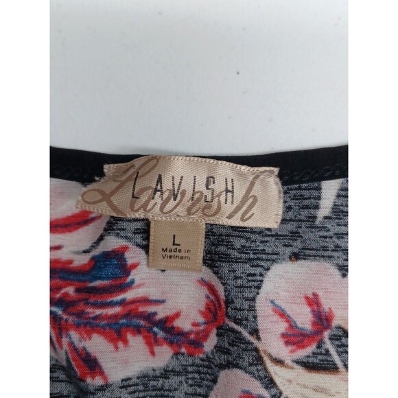 Lavish Womens Black Ruched Short Sleeve Top Floral Tropical Sz L - Picture 8 of 9